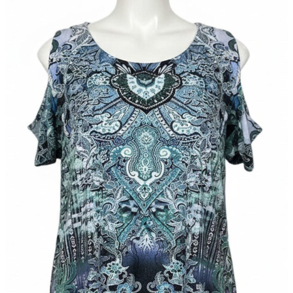 World Unity Blouse Women Size S Blue Green Paisley Boho Hippie Fairy Grunge Y2K